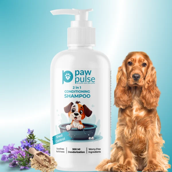 Pawpulse Natural Shed Control 2 in 1 Conditioner Shampoo for Dogs and Cats 300 ml, Moisturizing, Anti-Hair Fall Shampoo for Dogs & Cats, SLS Free, Paraben Free, Lavender Fragrance